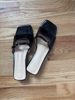 Black Slide Sandals with Buckle Detail and small heel